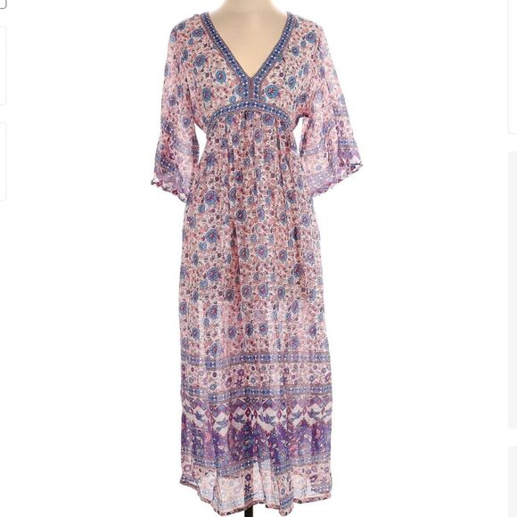 Geraldine Blue Midi Dress 100% Cotton Flutter Bell Sleeve Handmade Gypsy Dress M - Picture 2 of 9